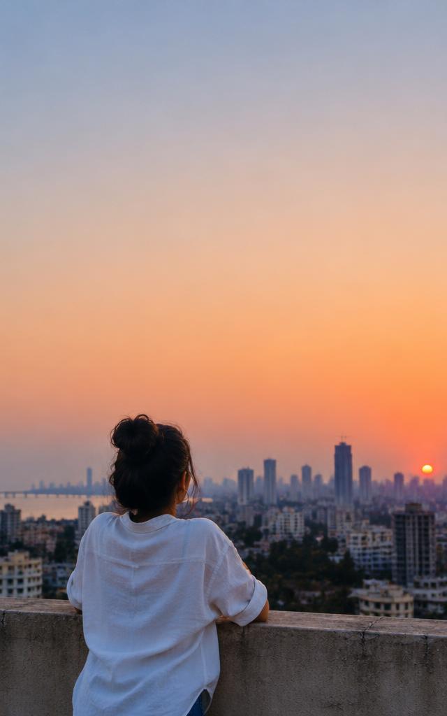 Young woman looking across Mumbai from a rooftop at sunset